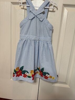Nautical Blue Striped Floral Hem Kids Dress